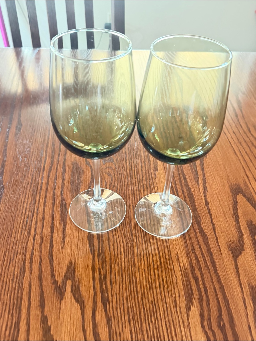 Pier 1 Imports Pantiago Olive Green Wine Glasses Clear Stem Set of 2 - Picture 2 of 8